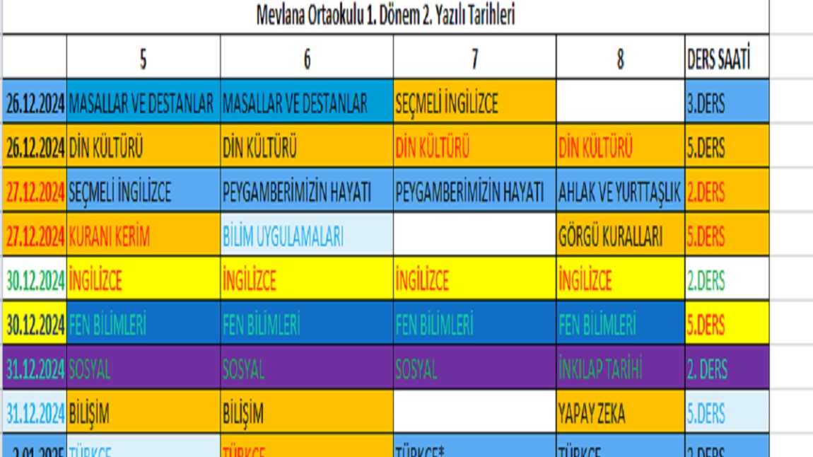 1.DÖNEM 2.YAZILI SINAVI TARİHLERİMİZ